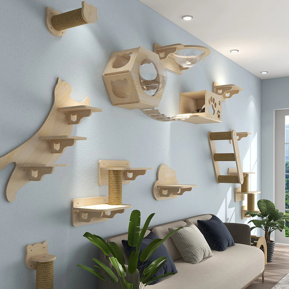 1PC Cat Tree Wall Mounted Cat Shelves Scratching Post for Cat Jumping Platform and Cat Hammock Rope Ladder Wall Wooden Furniture - SilverSmith Live