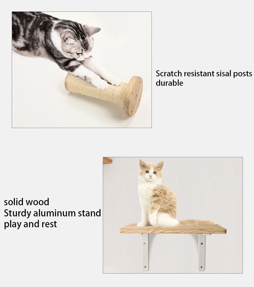 1PC Cat Tree Wall Mounted Cat Shelves Scratching Post for Cat Jumping Platform and Cat Hammock Rope Ladder Wall Wooden Furniture - SilverSmith Live