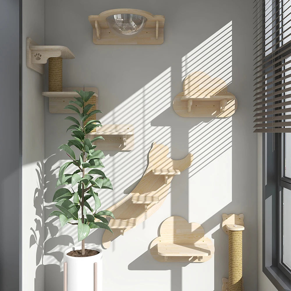 1PC Cat Tree Wall Mounted Cat Shelves Scratching Post for Cat Jumping Platform and Cat Hammock Rope Ladder Wall Wooden Furniture - SilverSmith Live